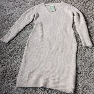 Vince Neutral Ribbed V-Neck Sweater Dress in Beige